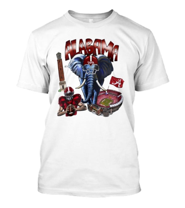 Alabama Crimson Tide Football Elephant Stadium Football Player Old Main Tower Bama T-Shirt