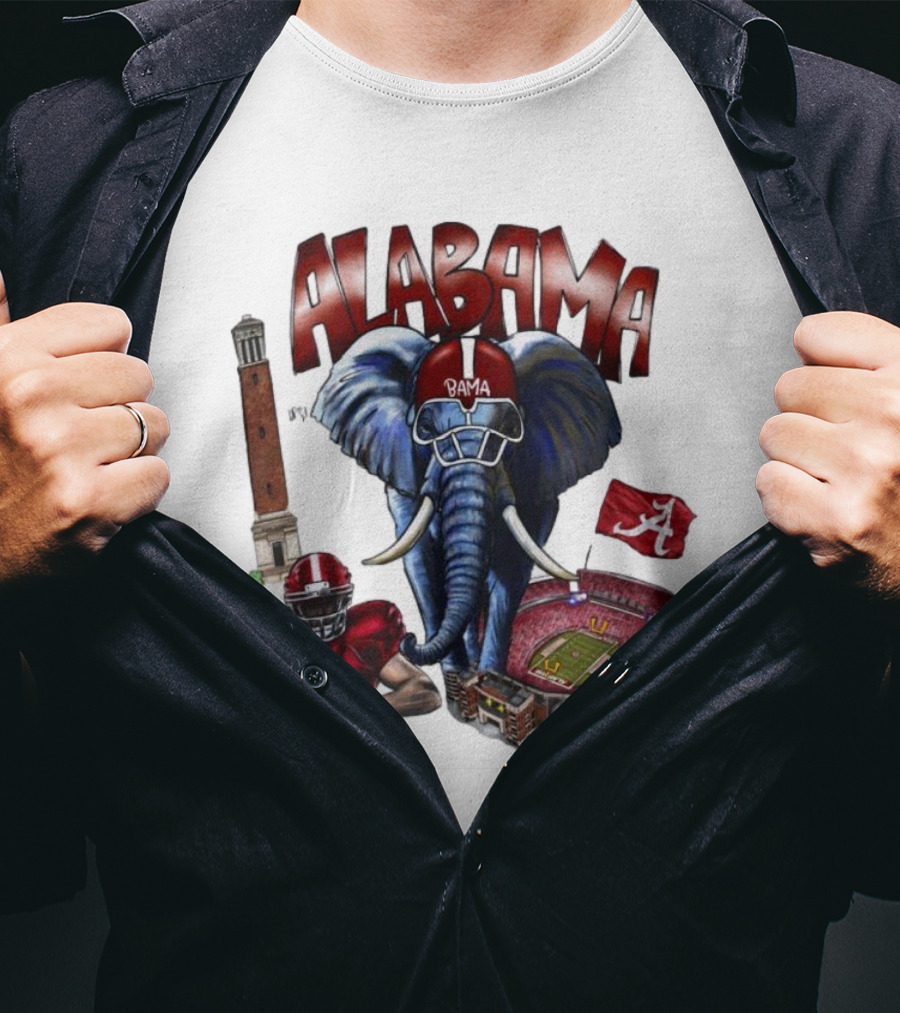 Alabama Crimson Tide Football Elephant Stadium Football Player Old Main Tower Bama T-Shirt