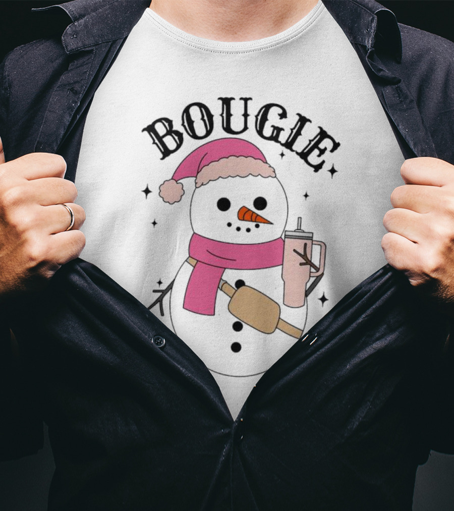 BOUGIE Snowman In Pink Hat And Scarf With Drink Cup T-Shirt