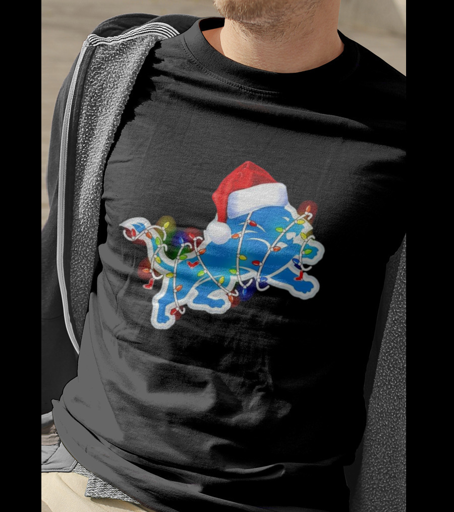 Detroit Lions Christmas Lights Santa Hat Holiday Football T-Shirt