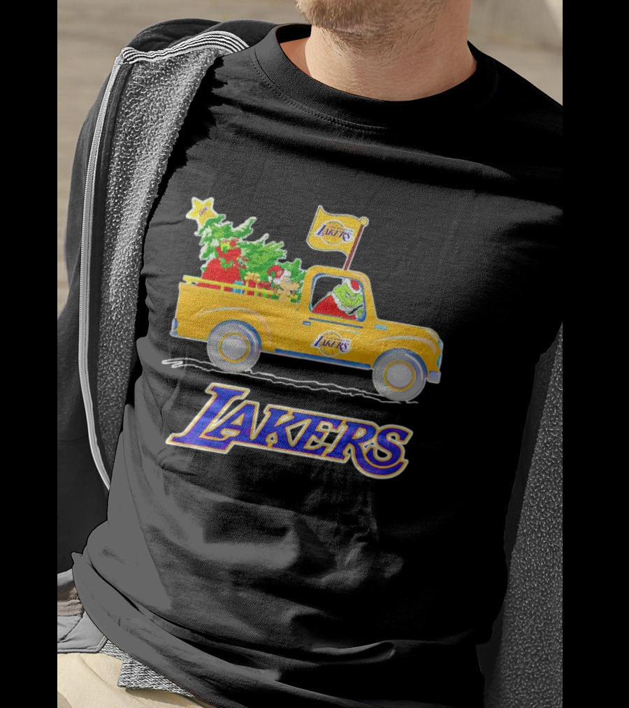 Grinch Driving Los Angeles Lakers Truck With Christmas Tree T-Shirt