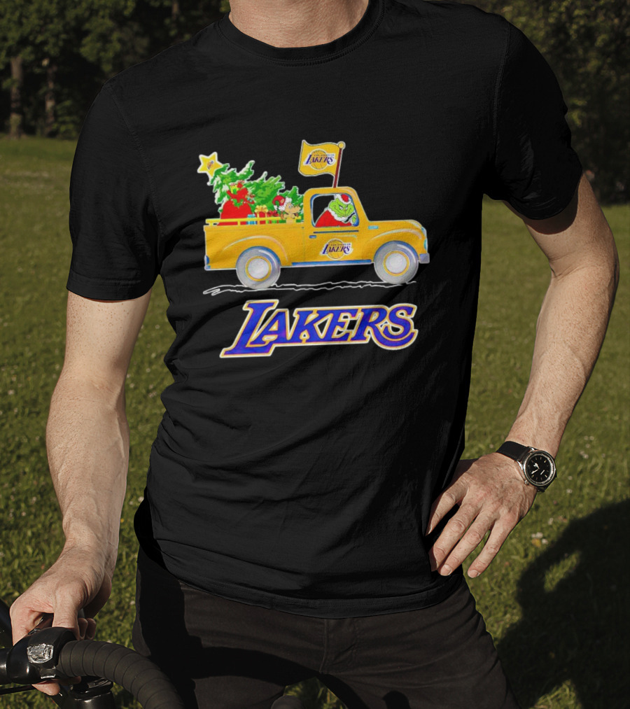 Grinch Driving Los Angeles Lakers Truck With Christmas Tree T-Shirt