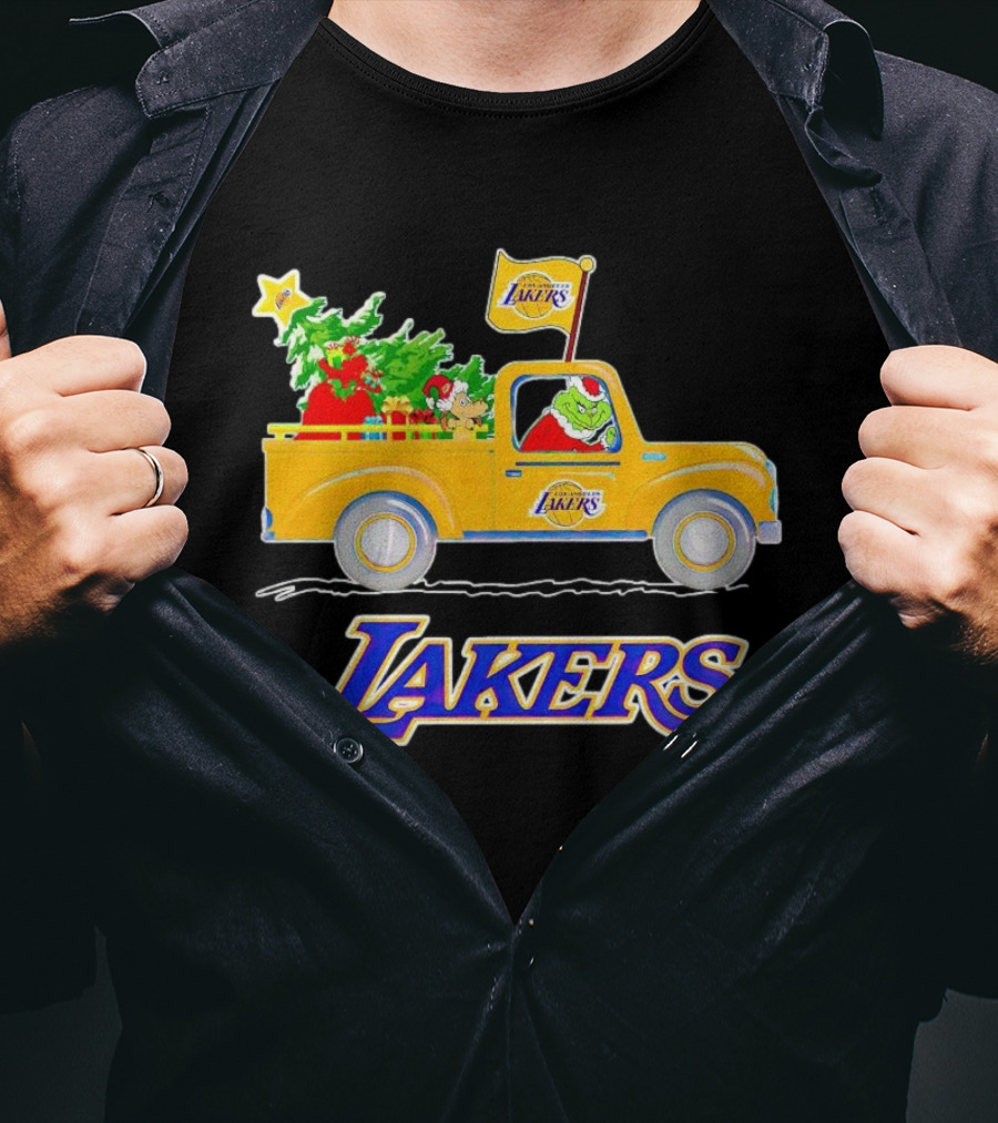 Grinch Driving Los Angeles Lakers Truck With Christmas Tree T-Shirt