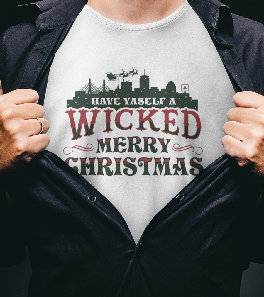 Have Yaself A Wicked Merry Christmas Boston Skyline Santa Sleigh T-Shirt