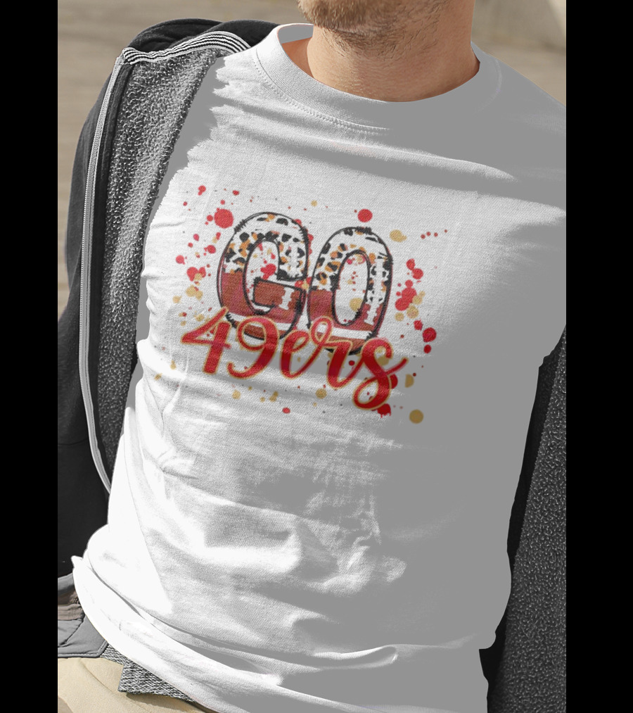 Leopard Print Go 49ers Red And Gold Text With Splatter T-Shirt
