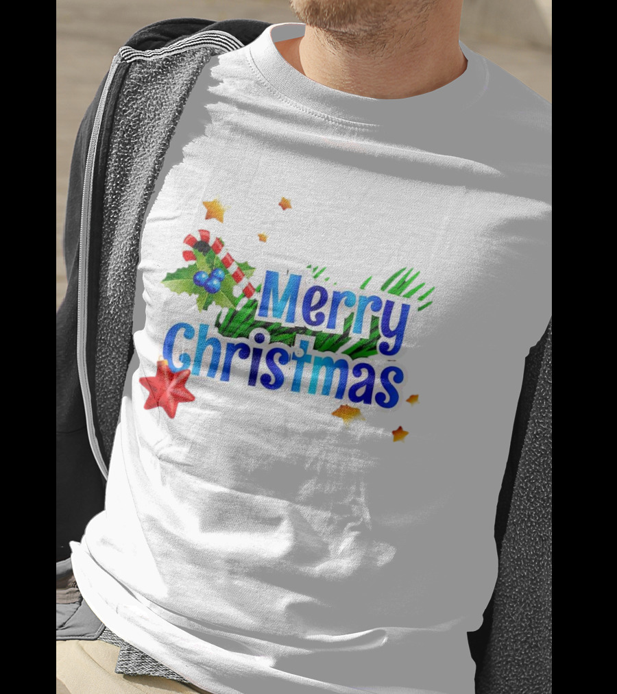 Merry Christmas Candy Cane Holly Pine Red Star T-Shirt