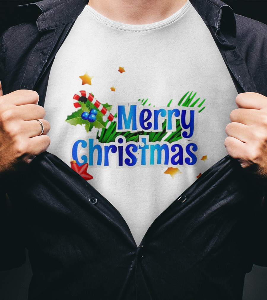 Merry Christmas Candy Cane Holly Pine Red Star T-Shirt