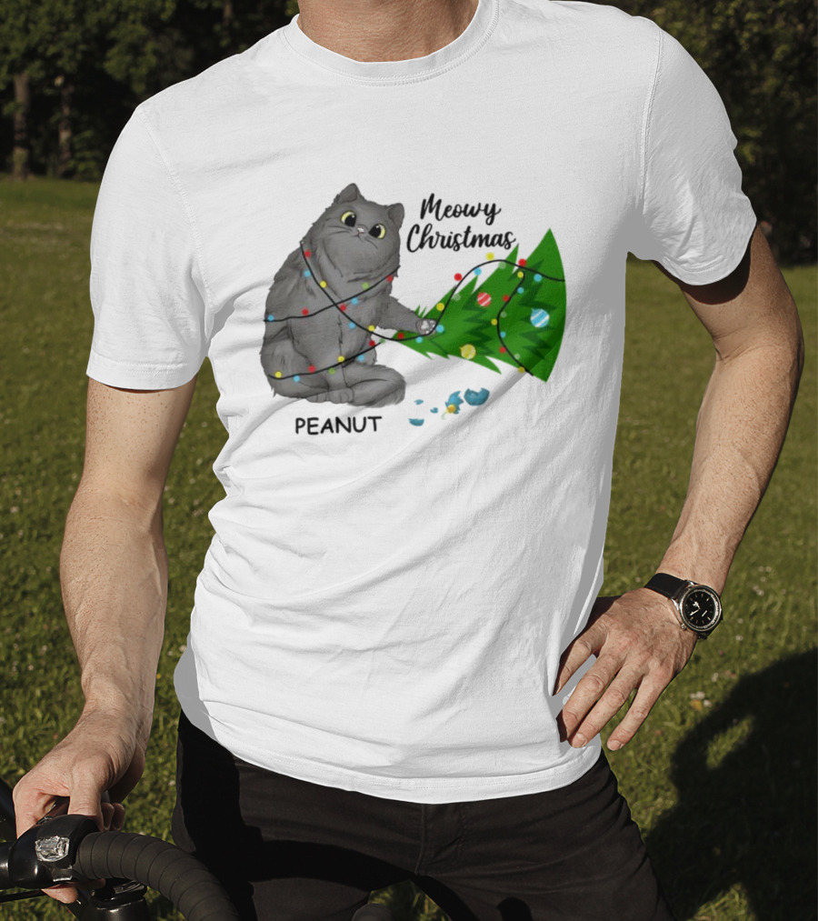 Meowy Christmas Cat Wrapped In Lights With Custom Name Peanut T-Shirt