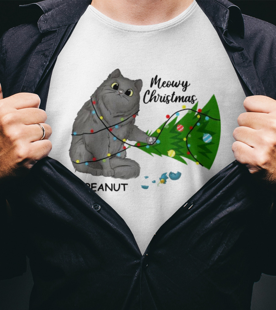 Meowy Christmas Cat Wrapped In Lights With Custom Name Peanut T-Shirt