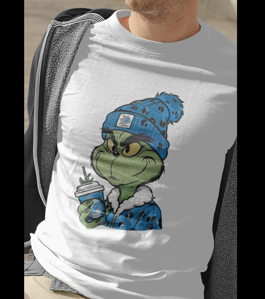 Grinch Wearing Detroit Lions Winter Outfit Holding Drink Christmas T-Shirt