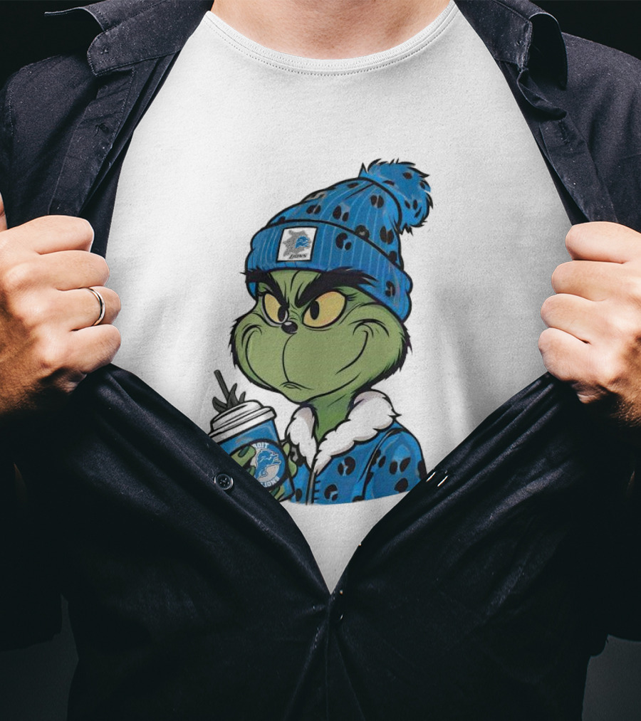 Grinch Wearing Detroit Lions Winter Outfit Holding Drink Christmas T-Shirt