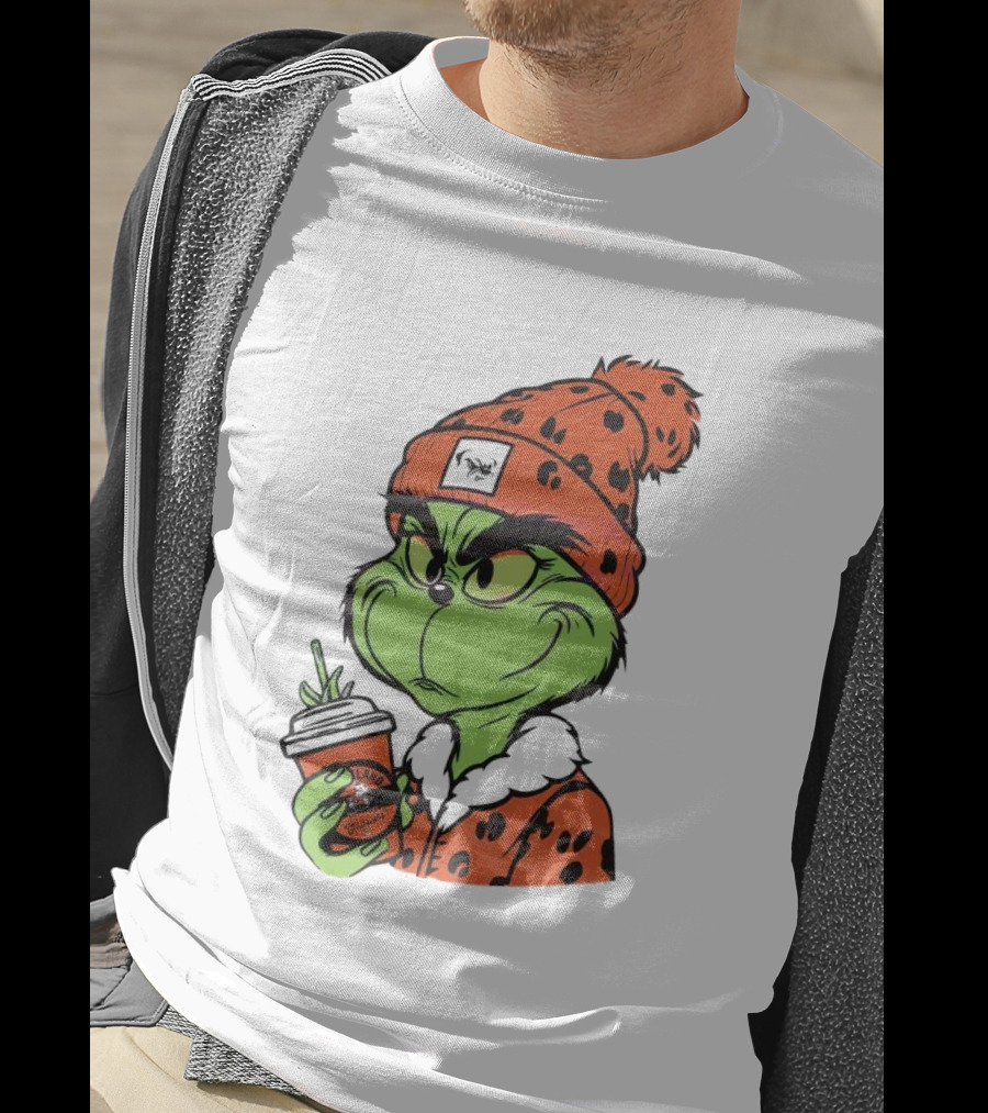 Grinch Wears Orange Beanie Holds Browns Mug Christmas T-Shirt
