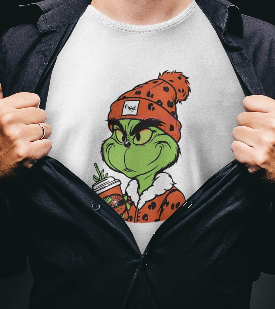 Grinch Wears Orange Beanie Holds Browns Mug Christmas T-Shirt