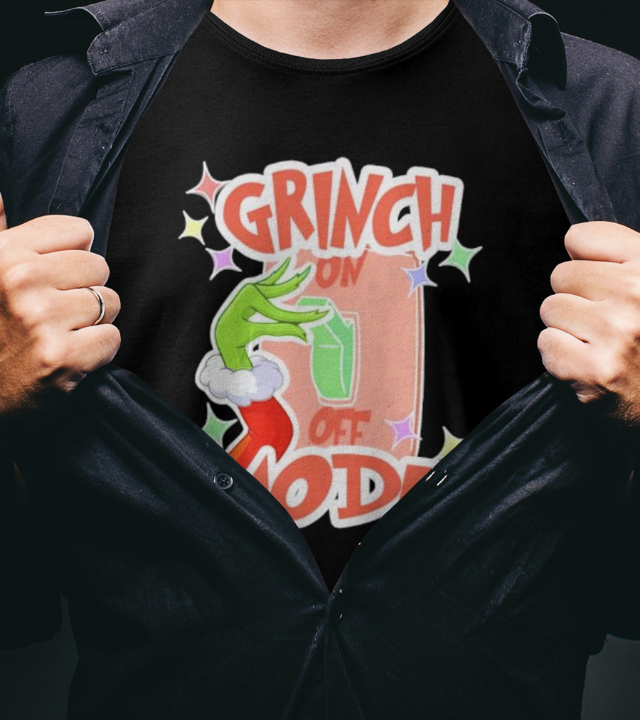 Grinch On Off Mode Green Furry Hand Lightswitch Stars T-Shirt