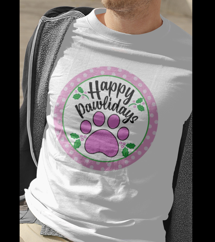 Happy Pawlidays Pink Paw Print With Holly Border Christmas T-Shirt