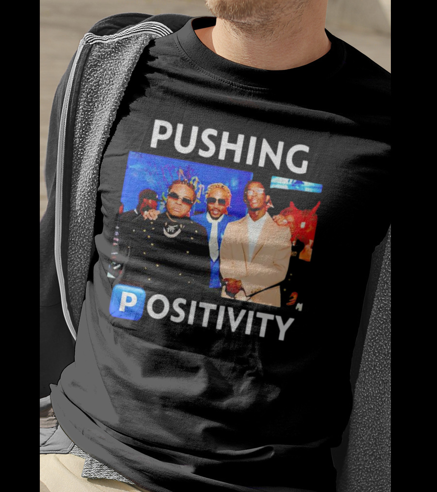 Pushing Positivity Iconic Trio With Blue Background T-Shirt