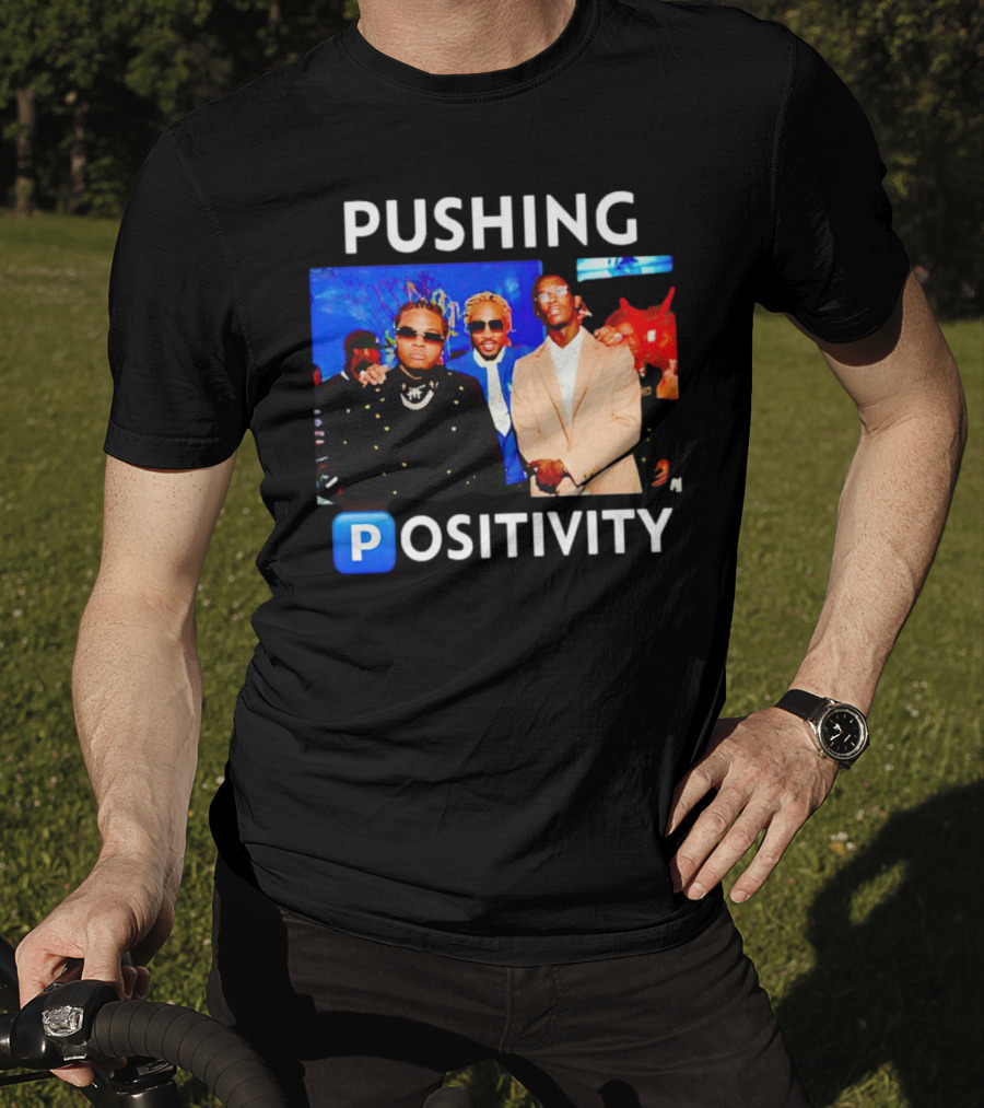 Pushing Positivity Iconic Trio With Blue Background T-Shirt