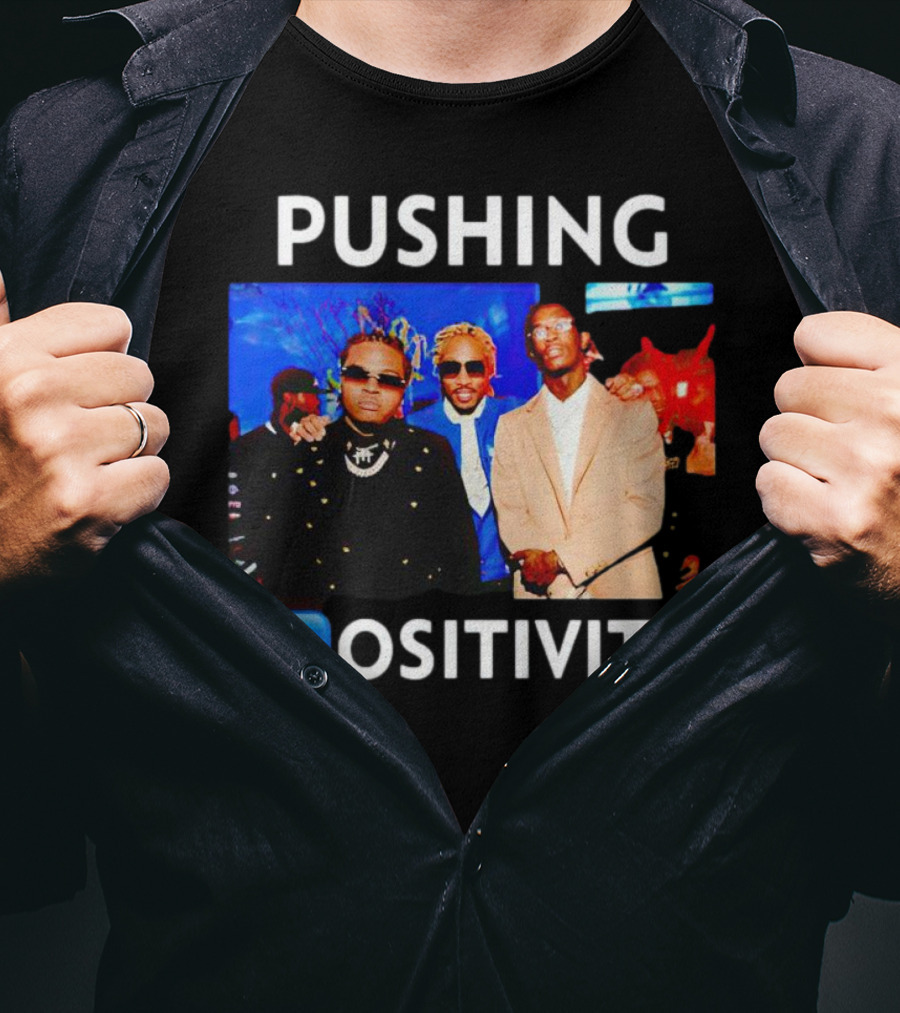Pushing Positivity Iconic Trio With Blue Background T-Shirt