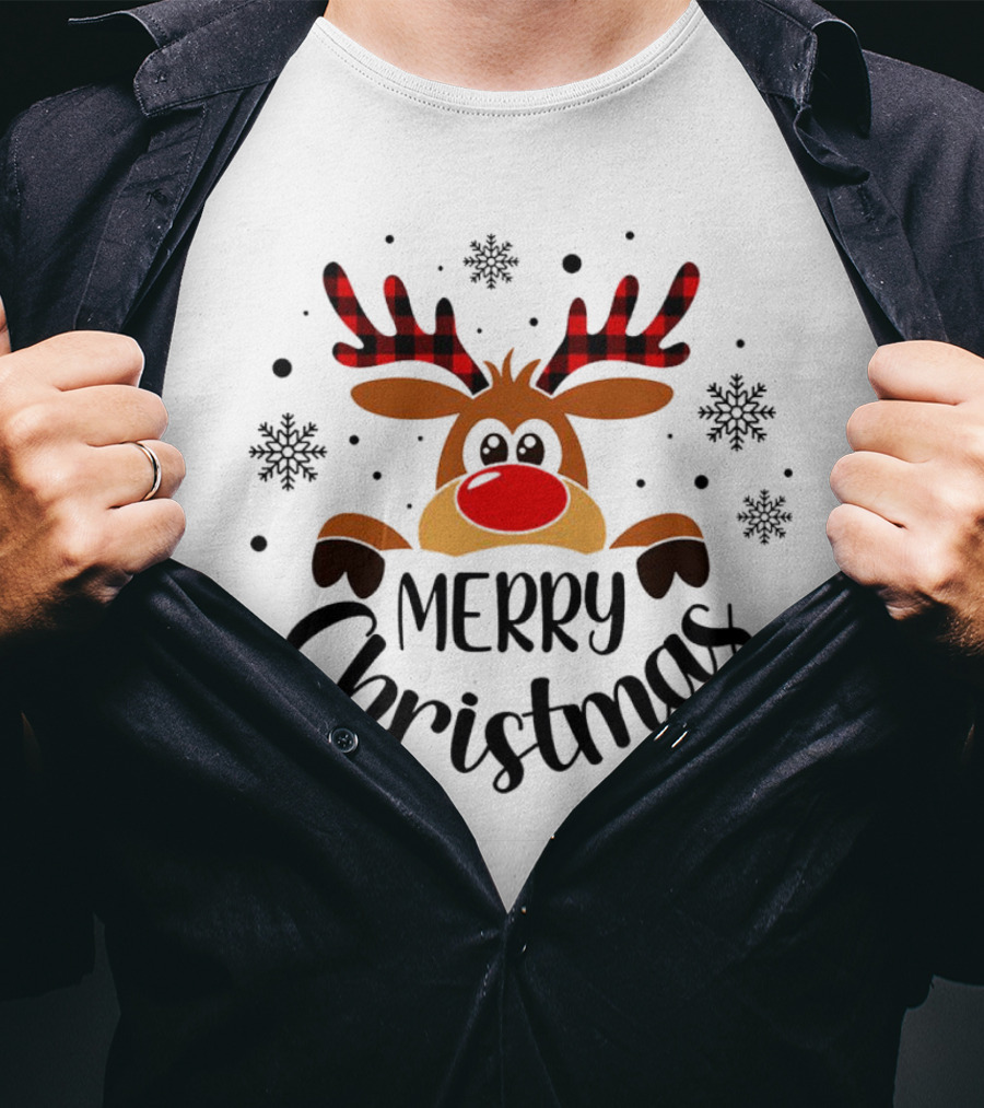Reindeer Merry Christmas Plaid Antlers Snowflake T-Shirt