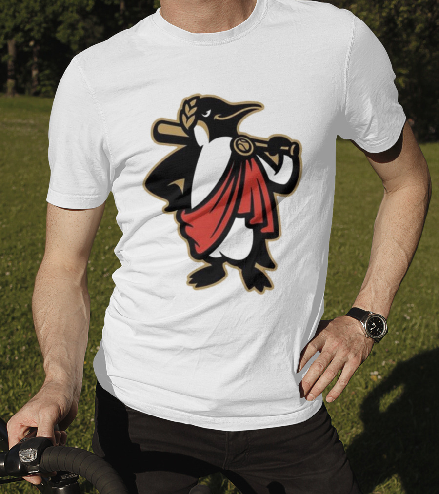 Rome Emperors Penguin In Red Toga With Baseball Bat And Laurel Wreath T-Shirt