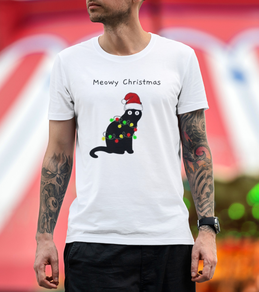 Meowy Christmas Santa Cat with Lights T-Shirt