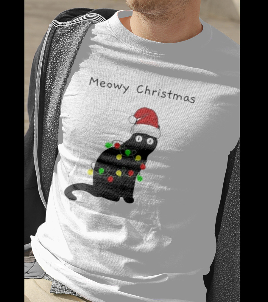 Meowy Christmas Santa Cat With Lights T-Shirt