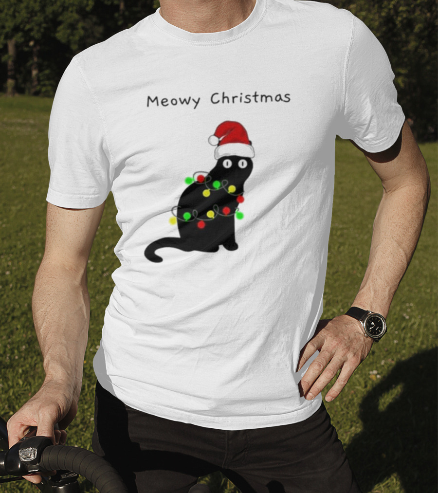 Meowy Christmas Santa Cat With Lights T-Shirt
