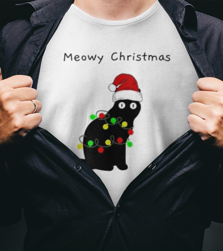 Meowy Christmas Santa Cat With Lights T-Shirt