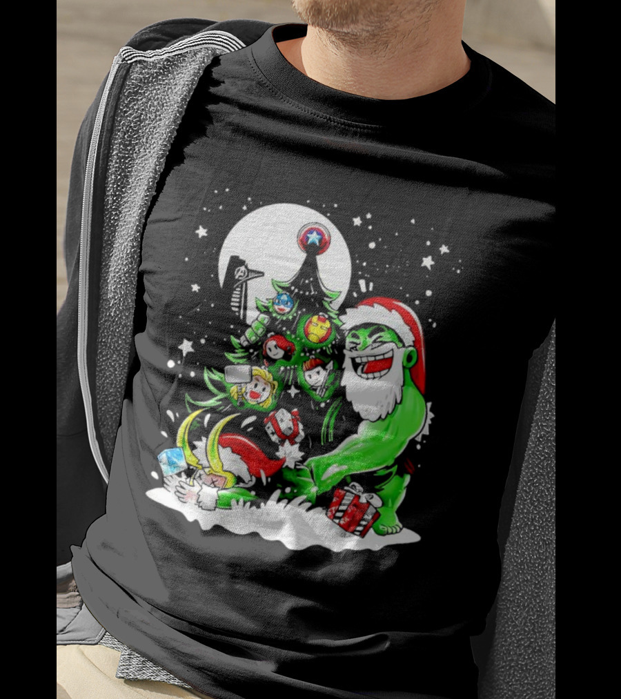 The Avengers Marvel Characters Christmas Tree With Hulk Santa And Superhero Ornaments T-Shirt