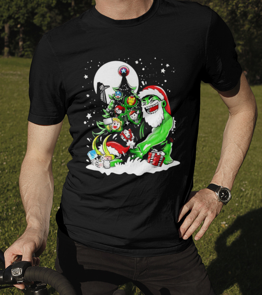 The Avengers Marvel Characters Christmas Tree With Hulk Santa And Superhero Ornaments T-Shirt