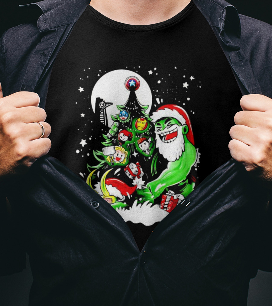 The Avengers Marvel Characters Christmas Tree With Hulk Santa And Superhero Ornaments T-Shirt
