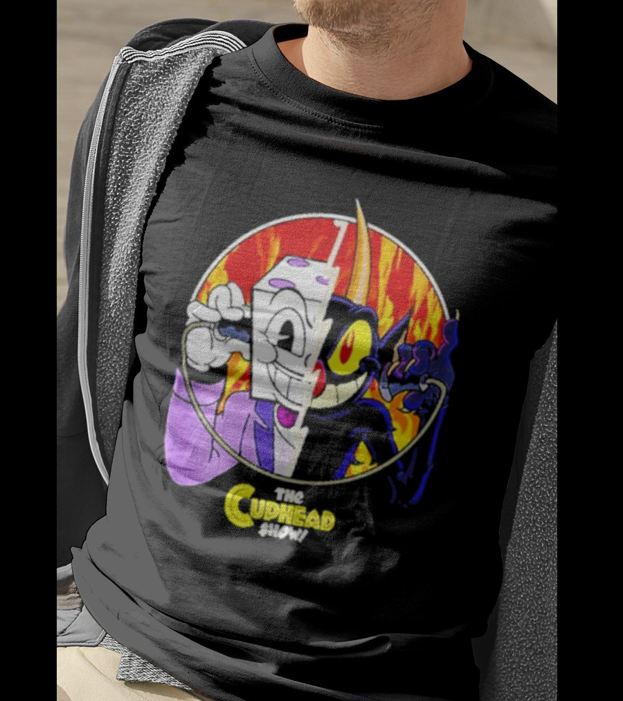 The Cuphead Show King Dice Devil Iconic Faces Fiery Background T-Shirt