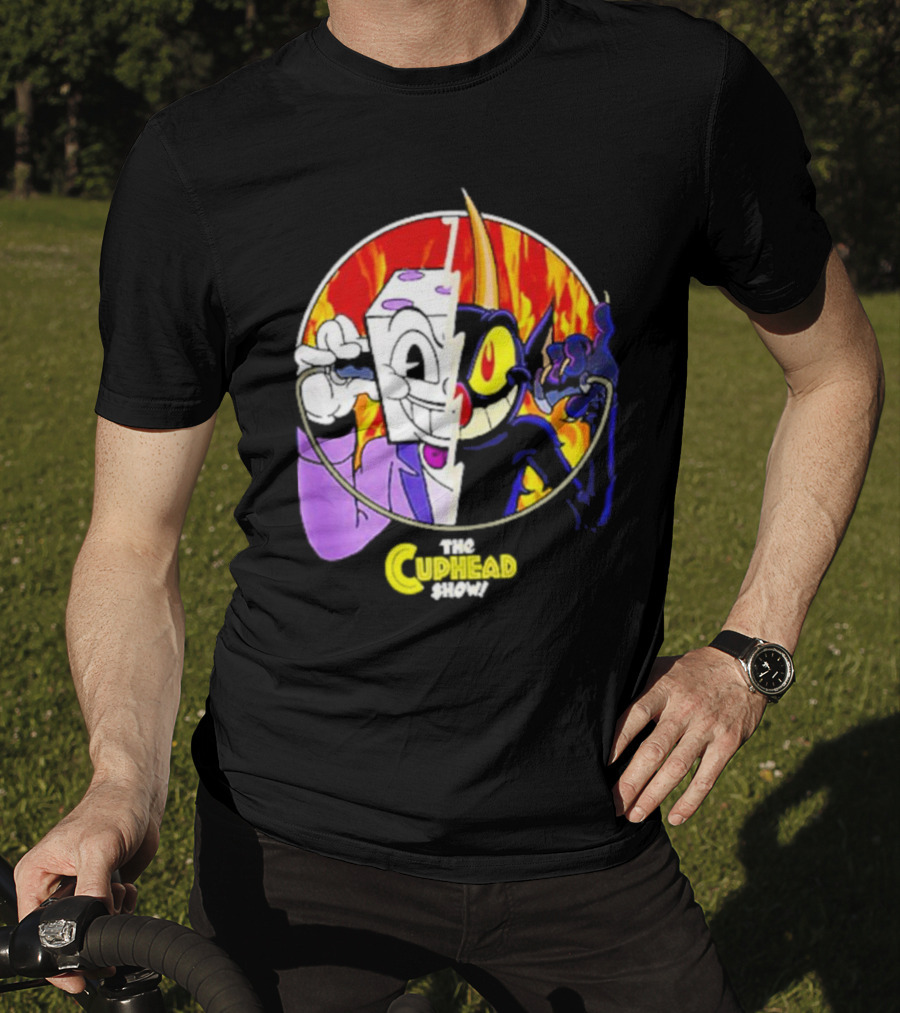 The Cuphead Show King Dice Devil Iconic Faces Fiery Background T-Shirt