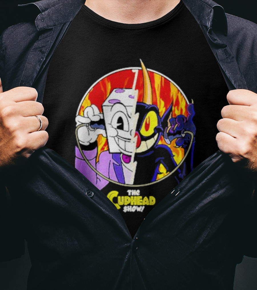 The Cuphead Show King Dice Devil Iconic Faces Fiery Background T-Shirt