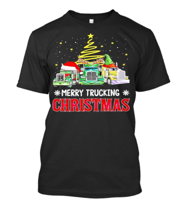 Merry Trucking Christmas With Festive Decorated Trucks And Starry Tree T-Shirt