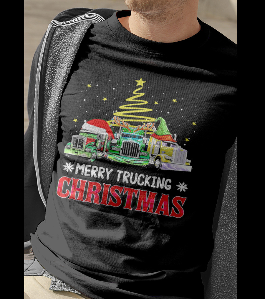 Merry Trucking Christmas With Festive Decorated Trucks And Starry Tree T-Shirt