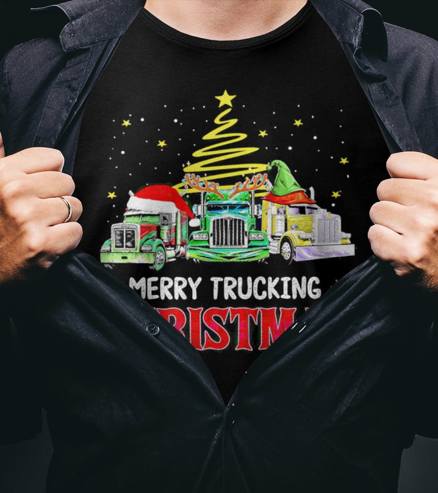 Merry Trucking Christmas With Festive Decorated Trucks And Starry Tree T-Shirt