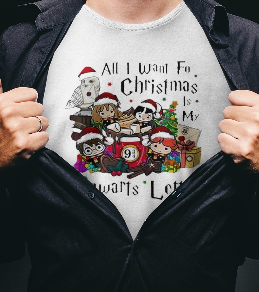 All I Want For Christmas Is My Hogwarts Letter Platform 9¾ With Owl Santa Hats And Gifts T-Shirt