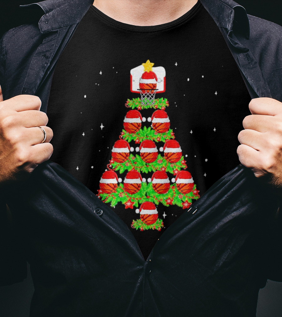 Basketball Hoops And Santa Hats Christmas Tree T-Shirt