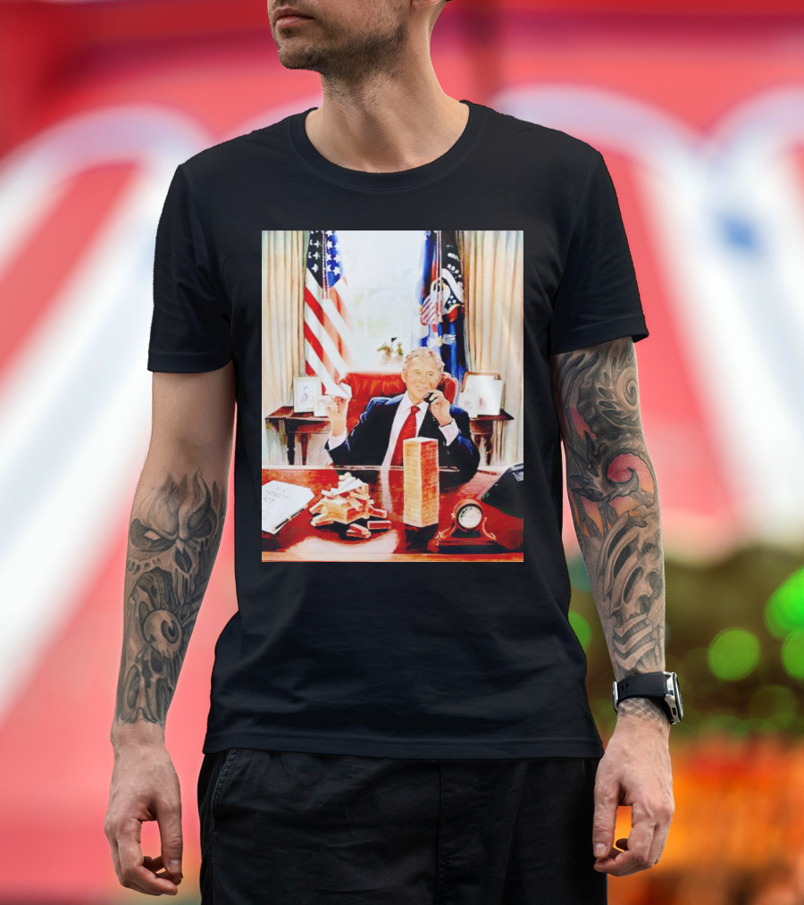 Bush 911 Presidential Desk Scene with Playing Cards and Towers T-Shirt