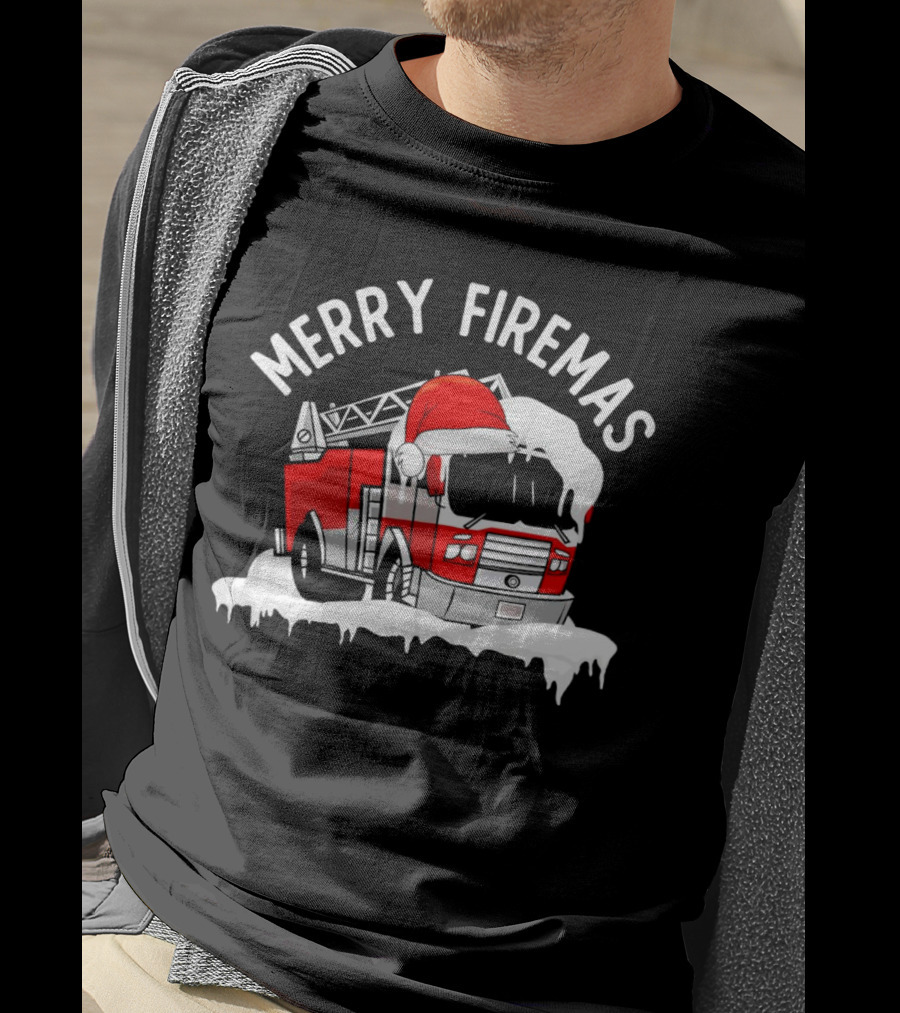 Merry Firemas Fire Truck Santa Hat Christmas T-Shirt