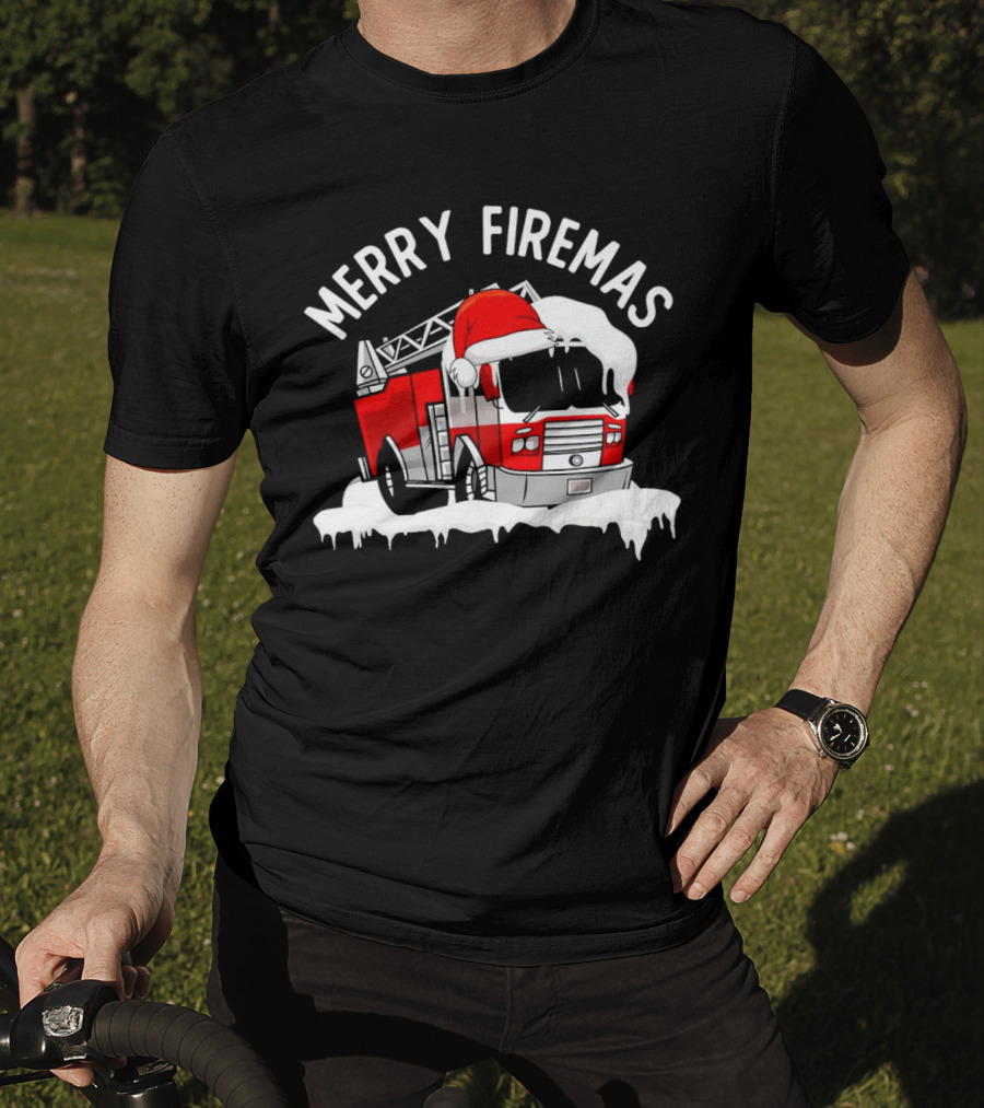 Merry Firemas Fire Truck Santa Hat Christmas T-Shirt
