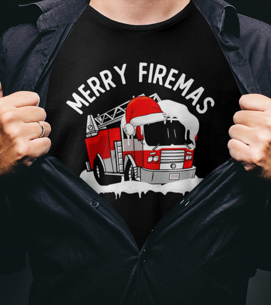 Merry Firemas Fire Truck Santa Hat Christmas T-Shirt