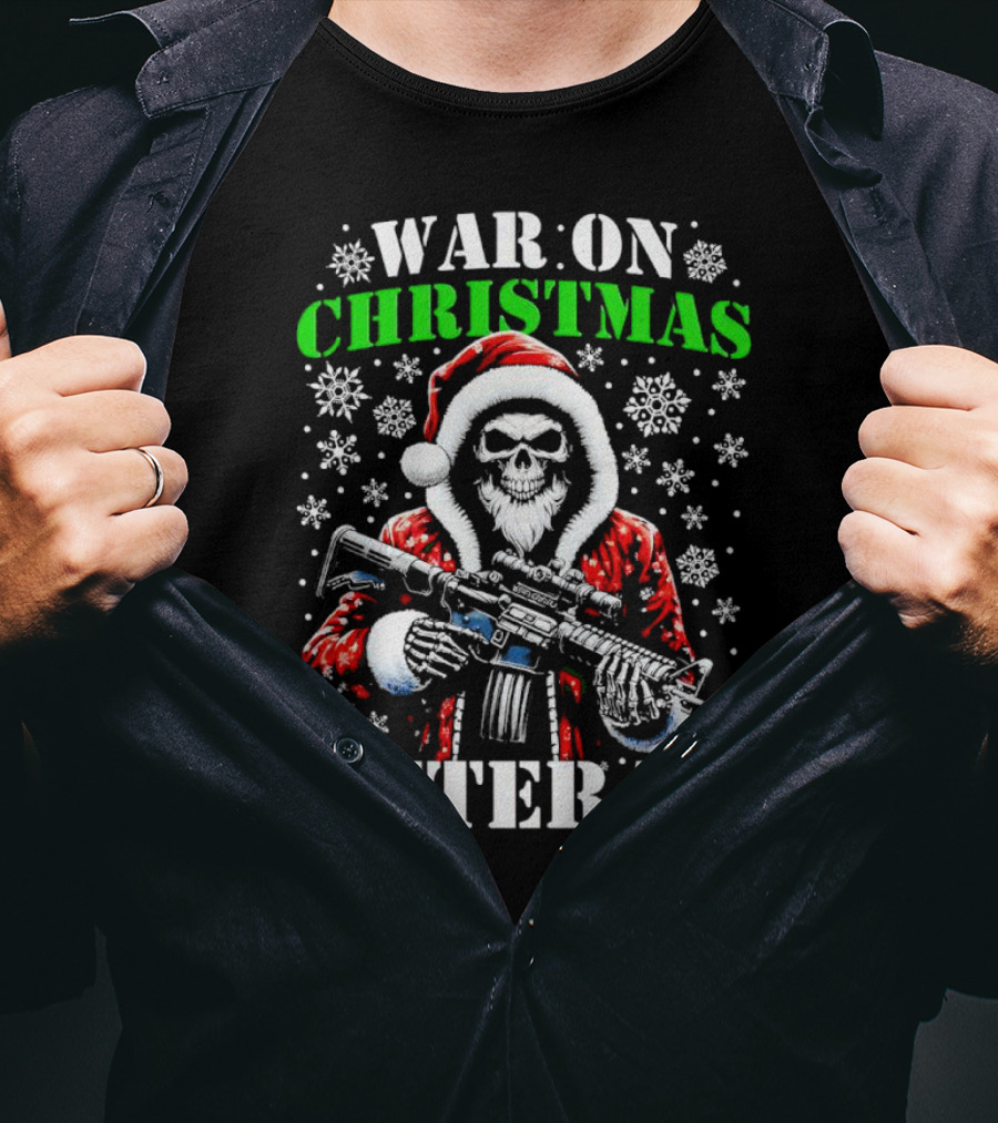 War On Christmas Veteran Skeleton Santa With Rifle Snowflakes T-Shirt
