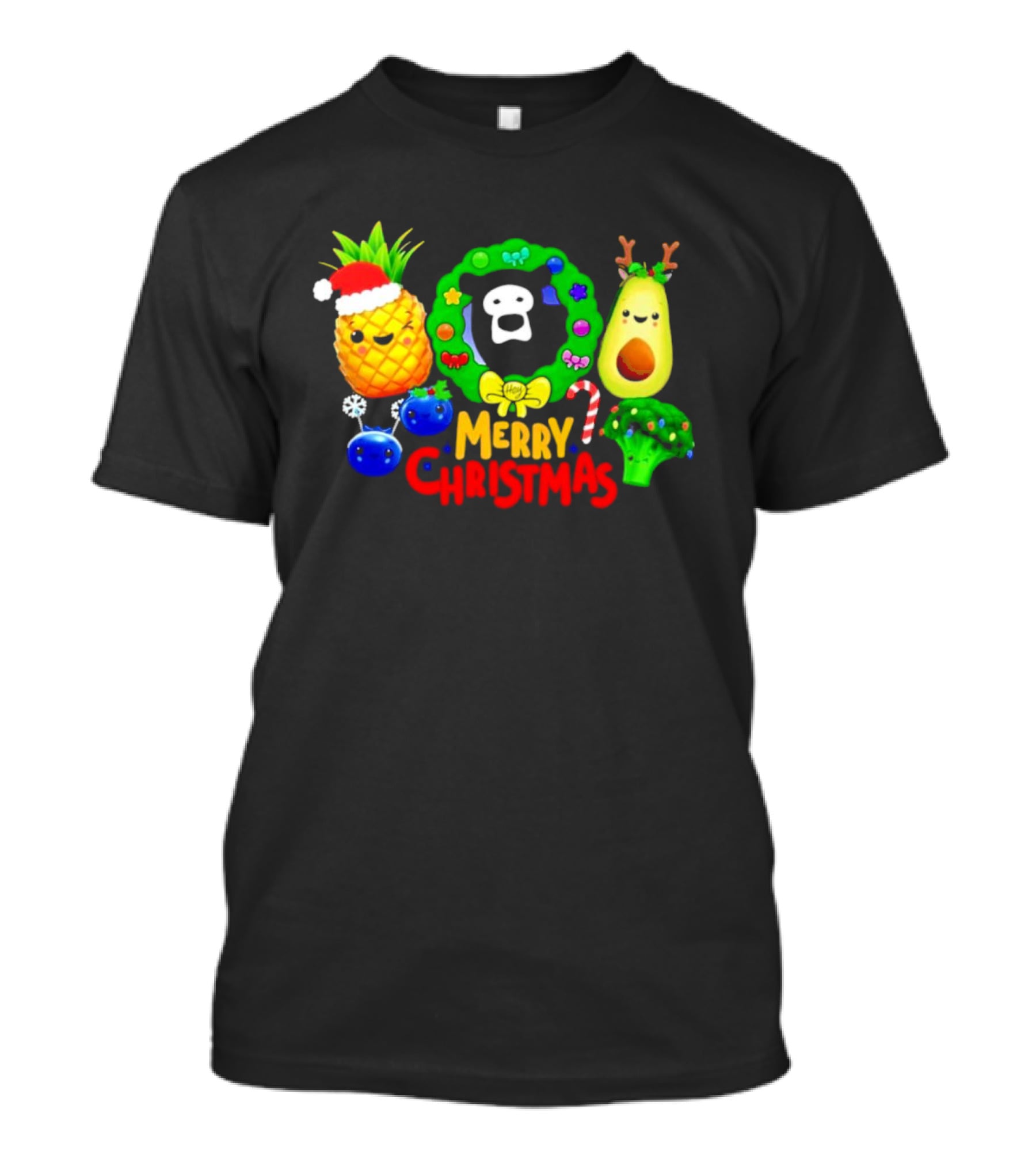 Hey Bear Sensory Merry Christmas Pineapple Avocado Broccoli Wreath T-Shirt
