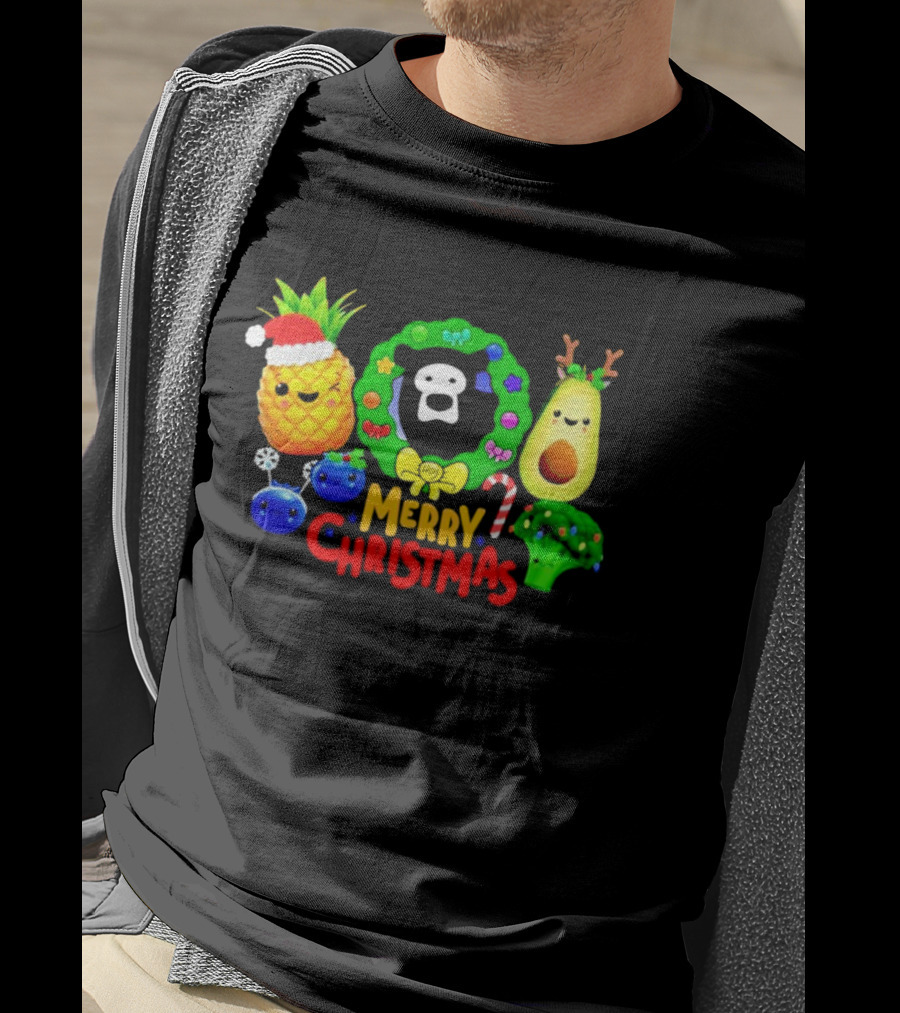 Hey Bear Sensory Merry Christmas Pineapple Avocado Broccoli Wreath T-Shirt