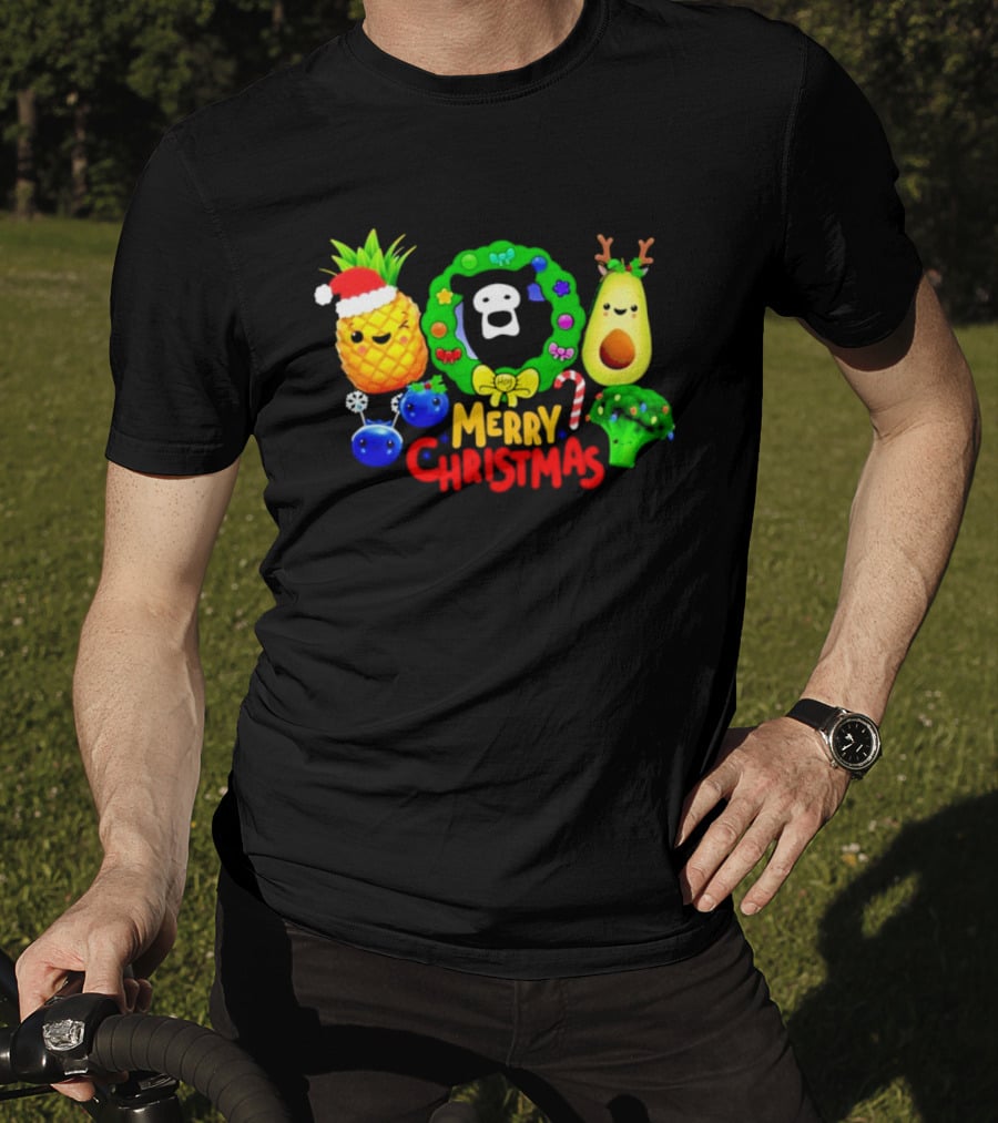 Hey Bear Sensory Merry Christmas Pineapple Avocado Broccoli Wreath T-Shirt