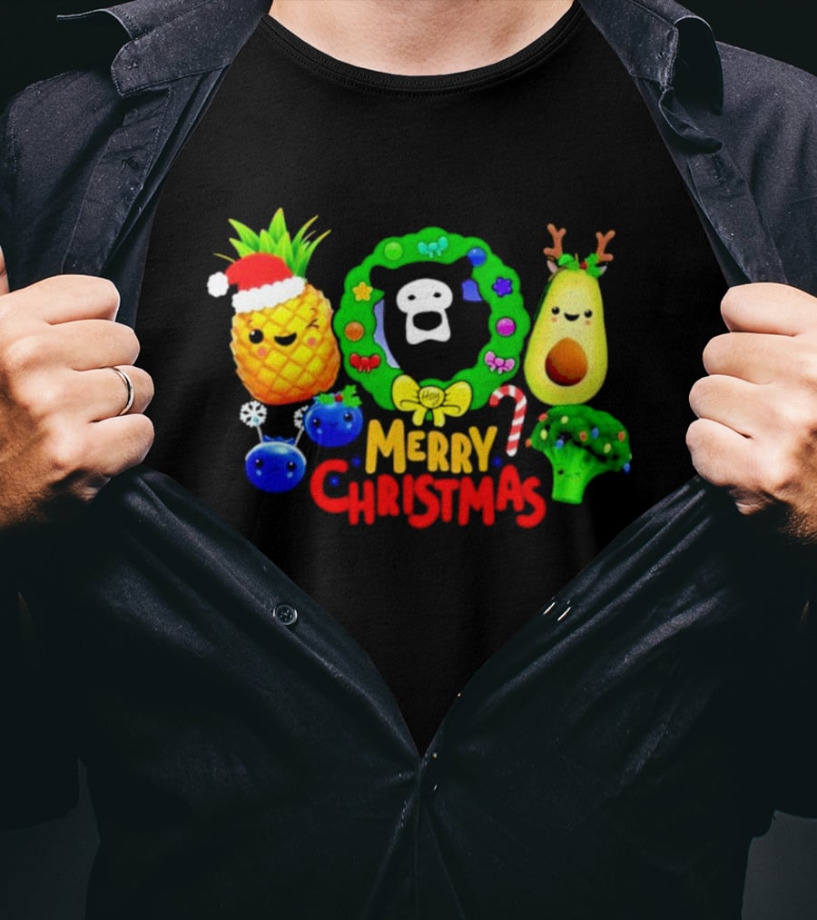 Hey Bear Sensory Merry Christmas Pineapple Avocado Broccoli Wreath T-Shirt