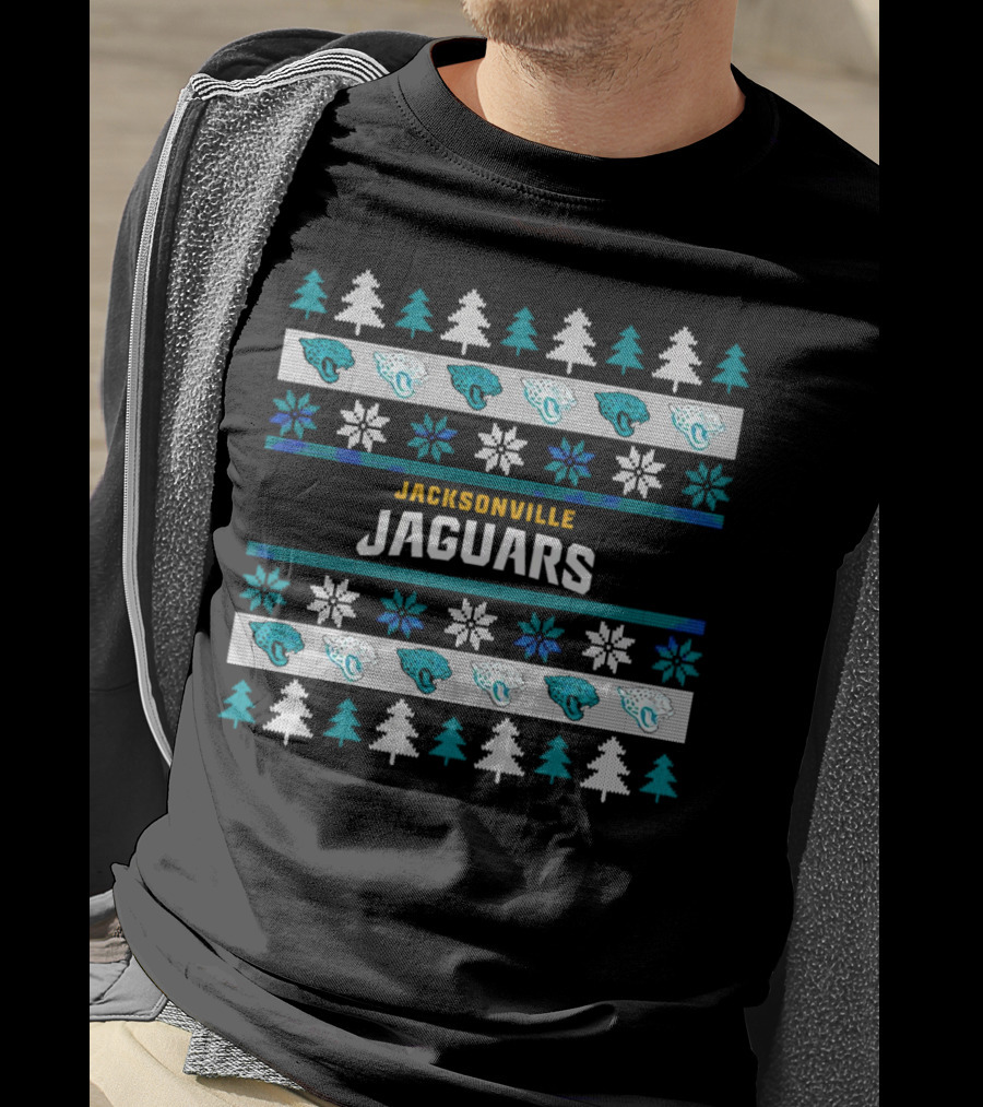 Jacksonville Jaguars Ugly Christmas Sweater Football Holiday Trees Snowflakes​​ T-Shirt