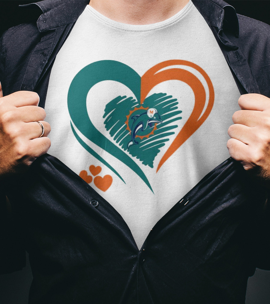 Miami Dolphins Heart Shape Emblem With Three Small Hearts T-Shirt